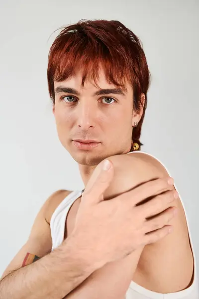Stylish Young Man Red Hair Poses Confidently White Tank Top — ストック写真