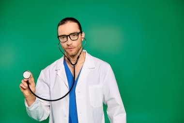 Laboratuvar önlüklü yakışıklı doktor elinde steteskopla yeşil arka planda..