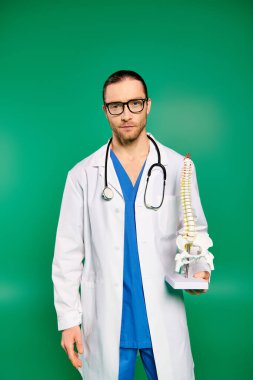 Beyaz laboratuvar önlüklü yakışıklı doktor elinde insan iskeleti modeli tutuyor..