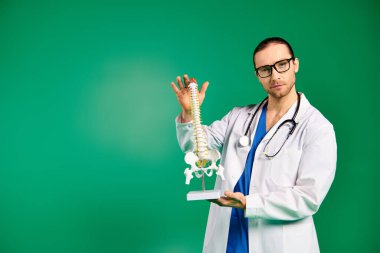 Beyaz cüppeli erkek doktor insan iskeleti modeli tutuyor..
