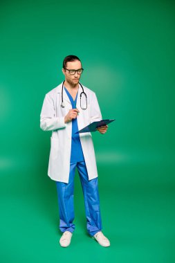 Beyaz önlüklü ve mavi pantolonlu yakışıklı doktor yeşil zeminde poz veriyor..