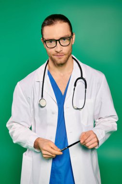 Handsome doctor in white lab coat holding stethoscope on green backdrop. clipart