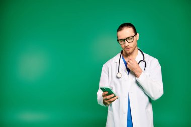 Elinde telefon tutan beyaz önlüklü yakışıklı erkek doktor..