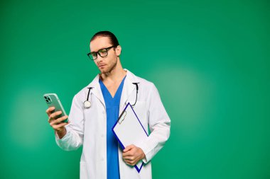 Handsome doctor in white robe holds cell phone on green backdrop. clipart