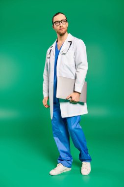 Beyaz önlüklü, mavi pantolonlu yakışıklı doktor yeşil arka planda poz veriyor..