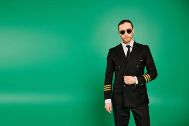 Handsome male pilot in black suit and sunglasses poses confidently against green backdrop. clipart