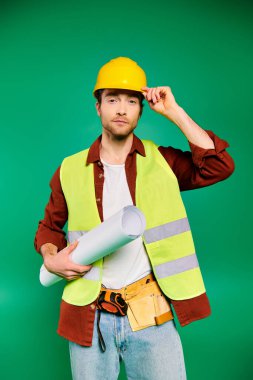 Handsome worker in hard hat and safety vest posing with tools on green backdrop. clipart