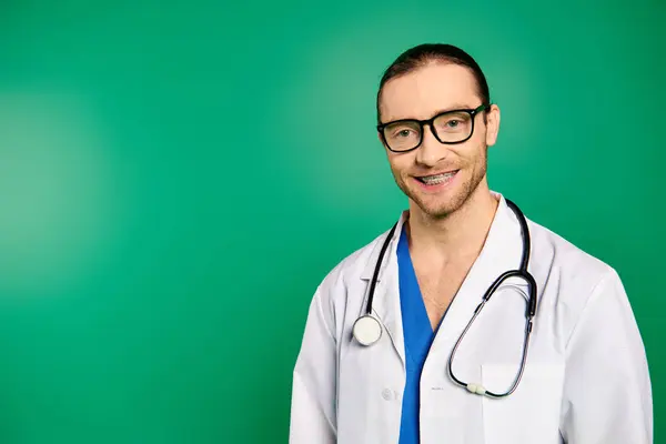 Ein Hübscher Arzt Weißem Mantel Posiert Vor Grünem Hintergrund — Stockfoto