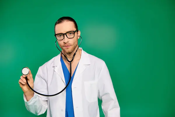 穿着实验室外套 头戴绿色背景听诊器的英俊医生 — 图库照片