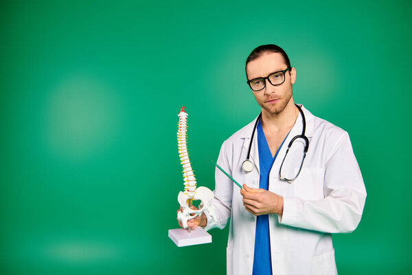 Male doctor examines human skeleton model.