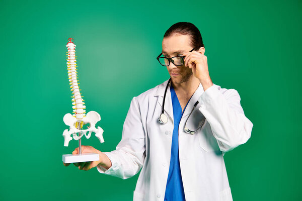 Doctor in white robe holds human skeleton model.