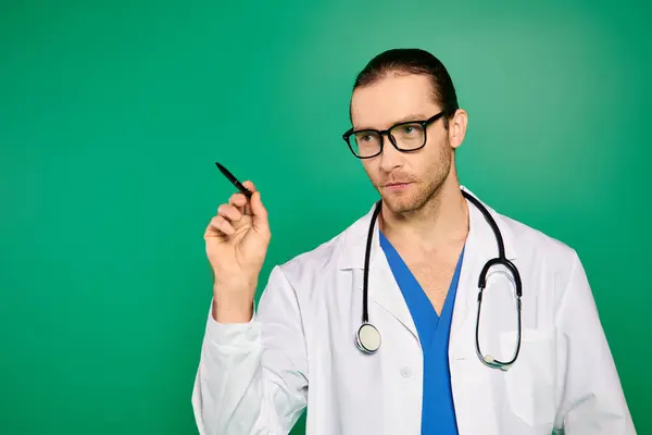 Handsome Doctor White Lab Coat Holding Pen Green Backdrop — Stock Photo, Image