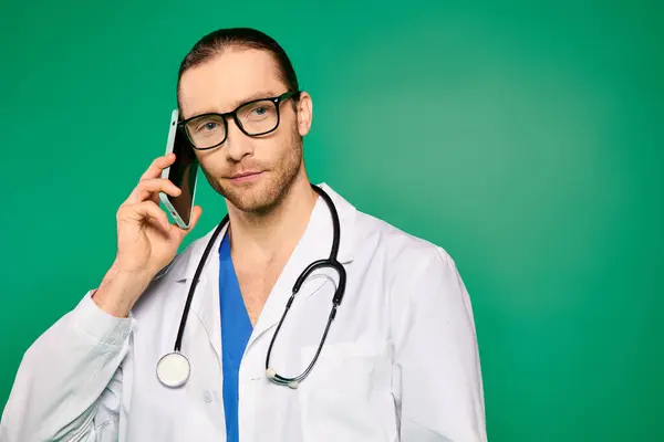 Bonito Médico Masculino Jaleco Branco Conversando Celular — Fotografia de Stock