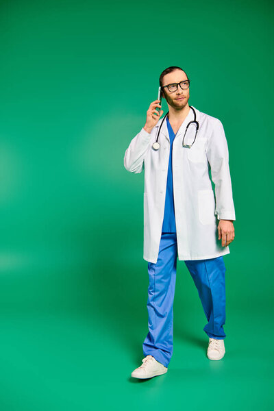 A handsome male doctor in a white coat and blue pants posing on a green backdrop.