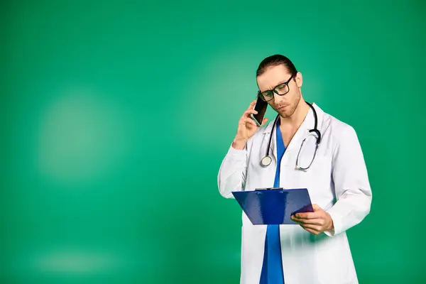 stock image Doctor in white robe talking on phone, holding clipboard against green backdrop.
