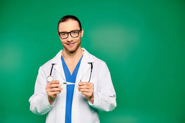 Mužský Lékař Bílém Plášti Drží Stetoskop Vyzařující Profesionalitu Zeleném Pozadí — Stock fotografie