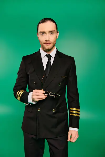 身穿黑色制服的英俊男性飞行员在绿色的背景上摆出自信的姿势 — 图库照片