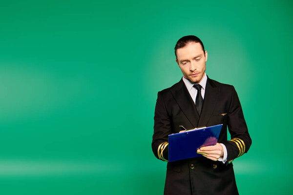 Изысканный человек в костюме и галстуке держит планшет.