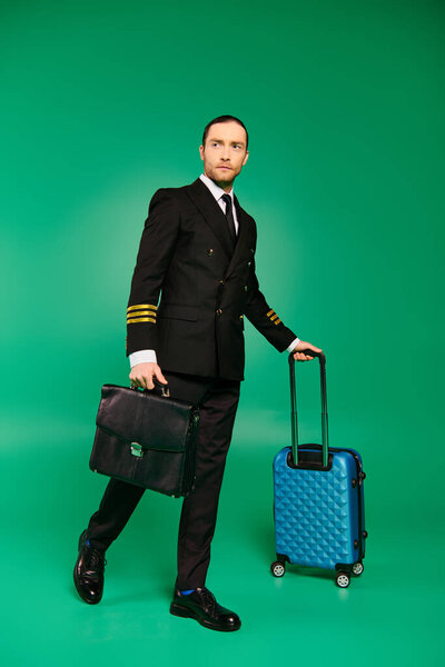 A man in a suit and tie holds a suitcase.