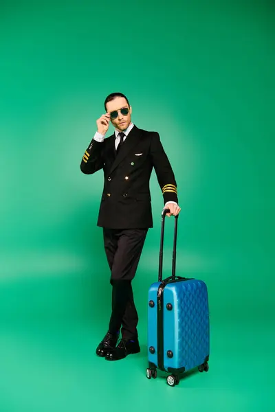 Handsome Pilot Black Suit Sunglasses Holding Briefcase — Stock Photo, Image