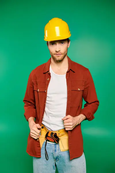Handsome Male Worker Uniform Hard Hat Stands His Hands His — Stock Photo, Image