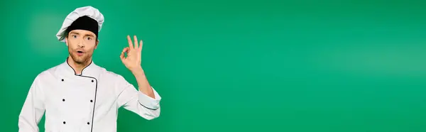 ホワイトユニフォームのハンサムな男性シェフが緑色の背景に遊び心と風変わりな顔をしています — ストック写真