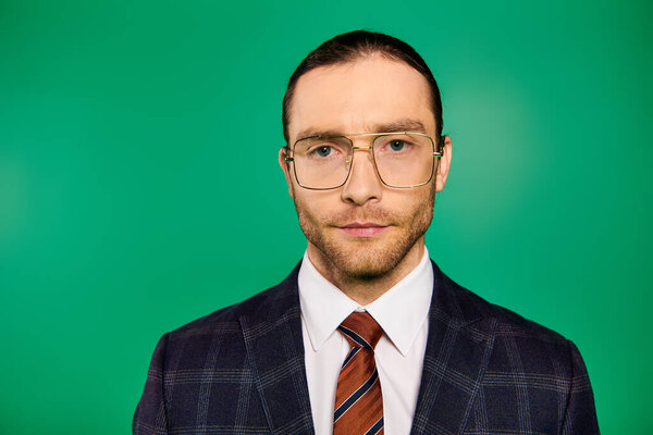 Handsome businessman in a chic suit and tie strikes a confident pose against a green backdrop.