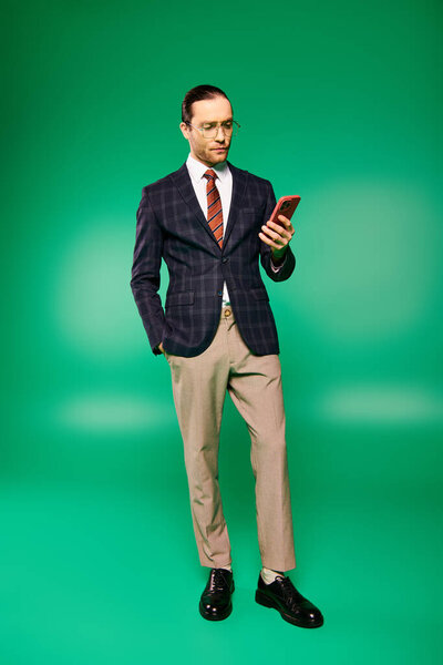Красивый бизнесмен в костюме проверяет телефон.