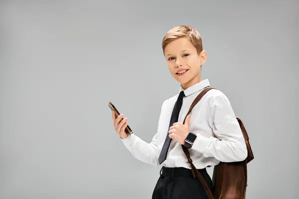 Little Boy White Shirt Tie Holding Cell Phone — Stock Photo, Image