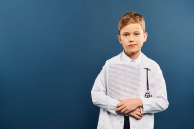 Beyaz gömlekli ve kravatlı bir çocuk steteskopla doktorculuk oynuyor..