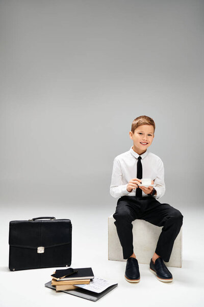 A young boy in smart attire sits beside a briefcase.
