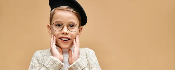 Preadolescent Boy Glasses Hat Dressed Film Director — Stock Photo, Image