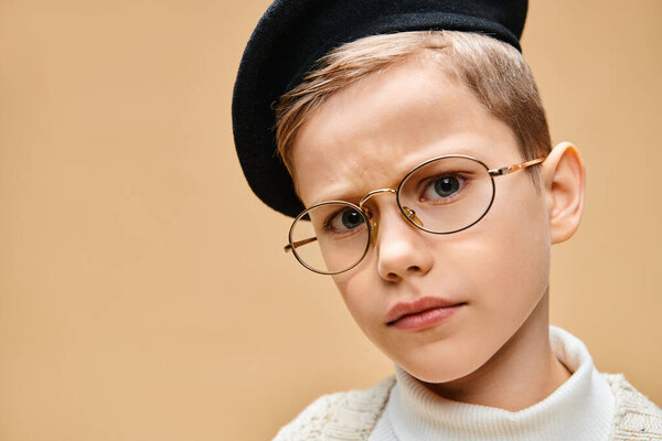 A cute preadolescent boy dressed as a film director in glasses and a hat.