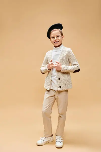 Young Boy White Shirt Tan Pants Poses Film Director Beige — Stock Photo, Image