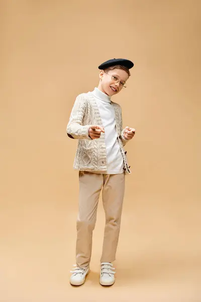 Cute Preadolescent Boy Dressed Film Director Beige Backdrop — Stock Photo, Image