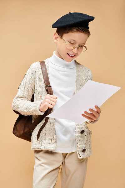 Young boy in glasses and hat, holding paper, dressed as a film director.