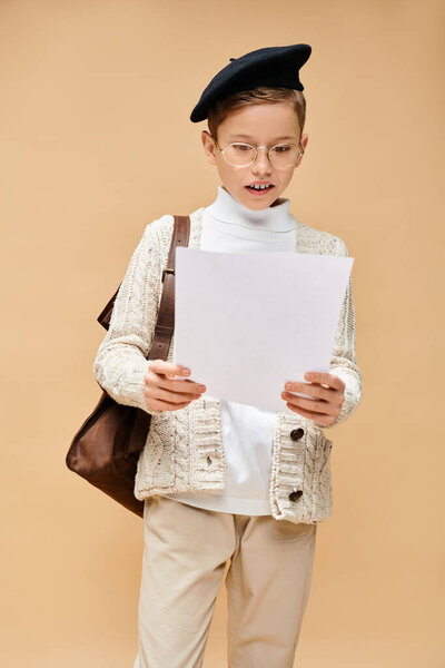 Cute preadolescent boy dressed as a film director, holding a piece of paper.