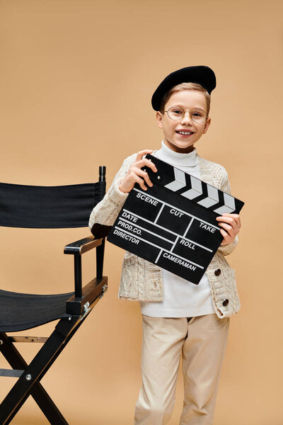 A preadolescent boy, dressed as a film director, holds a movie clapper in front of a chair.