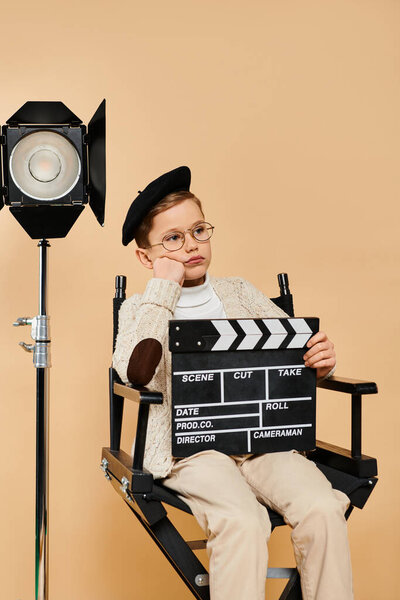 Preadolescent boy dressed as film director sits in chair, holding movie slate.