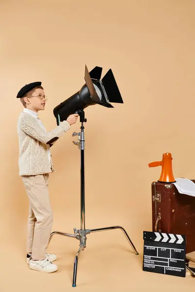 Preadolescent Boy Stands Confidently Next Camera Tripod — Stock Photo, Image