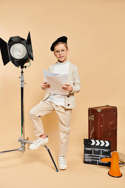 Preadolescent boy in movie director attire holding script.