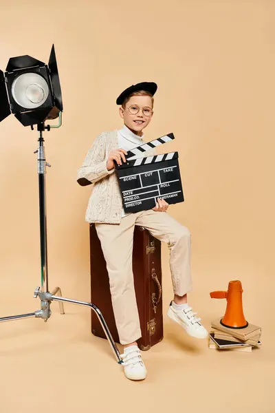 Stock image Preadolescent boy in film director outfit sits on suitcase with movie clapper.