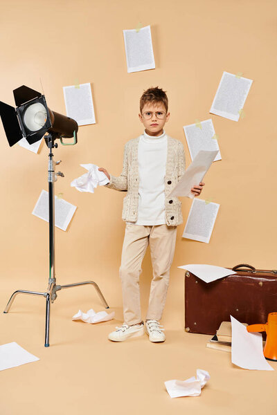 A cute preadolescent boy, dressed as a film director, stands confidently in front of the camera on a beige backdrop.