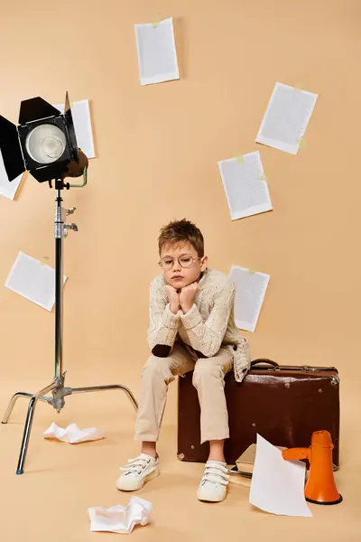 stock image Preadolescent boy in director outfit sits on suitcase in front of camera.