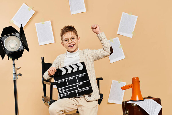 A preadolescent boy dressed as a film director sits with a movie clapper on a beige backdrop.
