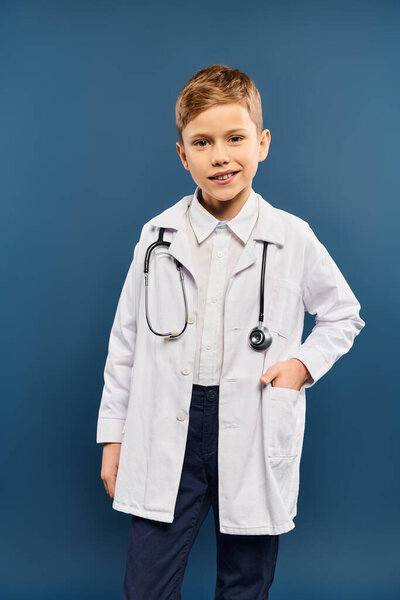Preadolescent boy in white coat and stethoscope on blue backdrop.