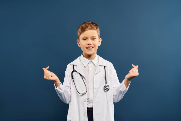 Young boy in doctors coat and stethoscope on blue backdrop.