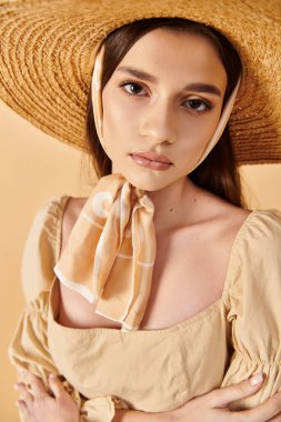 A young woman with long brunette hair striking a pose in a summer outfit, exuding a warm, summery vibe with a large straw hat. clipart