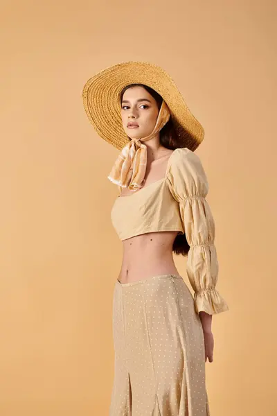 stock image A young woman with long brunette hair radiates summer vibes in a straw hat and dress, exuding elegance and grace.