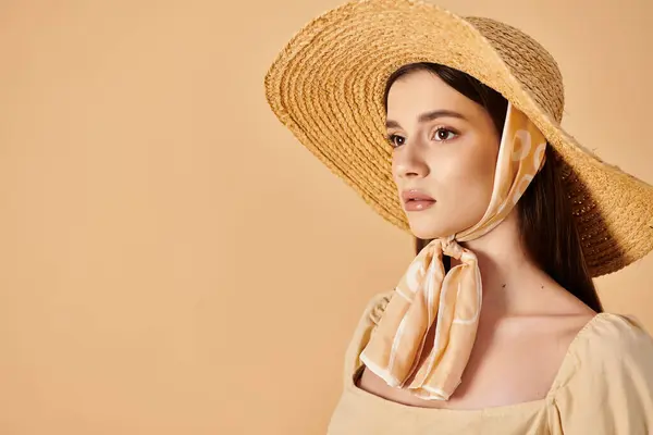 A young woman with long brunette hair poses in a summer outfit, wearing a straw hat and scarf, exuding a relaxed summer vibe.